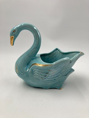 Vintage Lusterware Blue Swan Planter Gold Trim Mid Century Modern