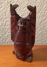 Wood Hand Carved Happy Laughing Buddha Arms Raised Vintage Figurine Statue 2.75  