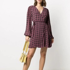 Ganni Georgette Check Print Wrap Dress Fuchsia Size 4