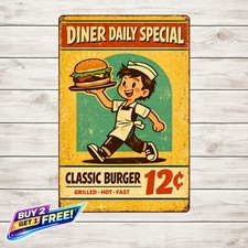Large Hamburger Boy Metal Sign Retro Fast Food Diner Tin Wall Art 8x12