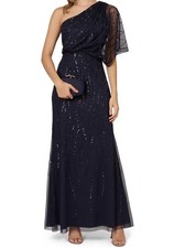 Adrianna Papell Navy Sequin One-Shoulder Full Length Gown Size 14 NWT
