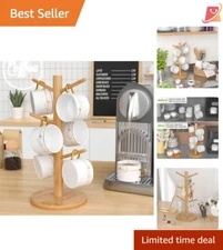 Bamboo Mug Tree with Thick Base 6 Hooks Countertop Cup Stand Kitchen Organizer