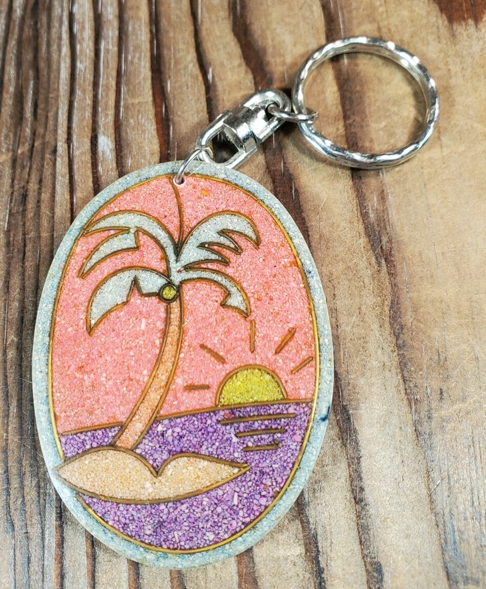 Vintage Keychain Palm Tree Ocean Sun Tropical Oval Handmade