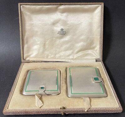 P.H.Vogel for Asprey Enamel and Emerald Silver Powder and Cigarette Case  w/Box