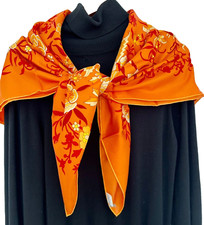 43"x43"Orange Art Flower Print Pure Mulberry Twill Silk 18momme Scarf 108x108cm
