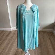 Vintage Sleepwear Light Blue Lace Nightgown  Robe 2 Piece Set Cottage Granny