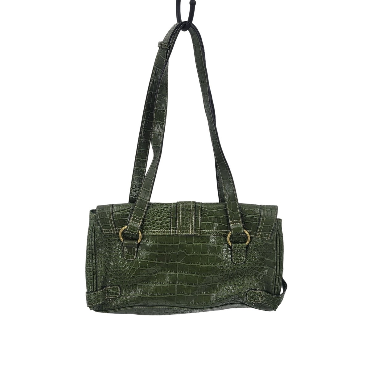 Vintage Green Vegan Faux Croc Shoulder Bag Satchel Gold Buckle Multiple  Pockets