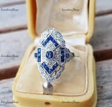 1Ct White  Blue Sapphire CZ Art Deco Style Engagement Ring 925 Sterling Silver