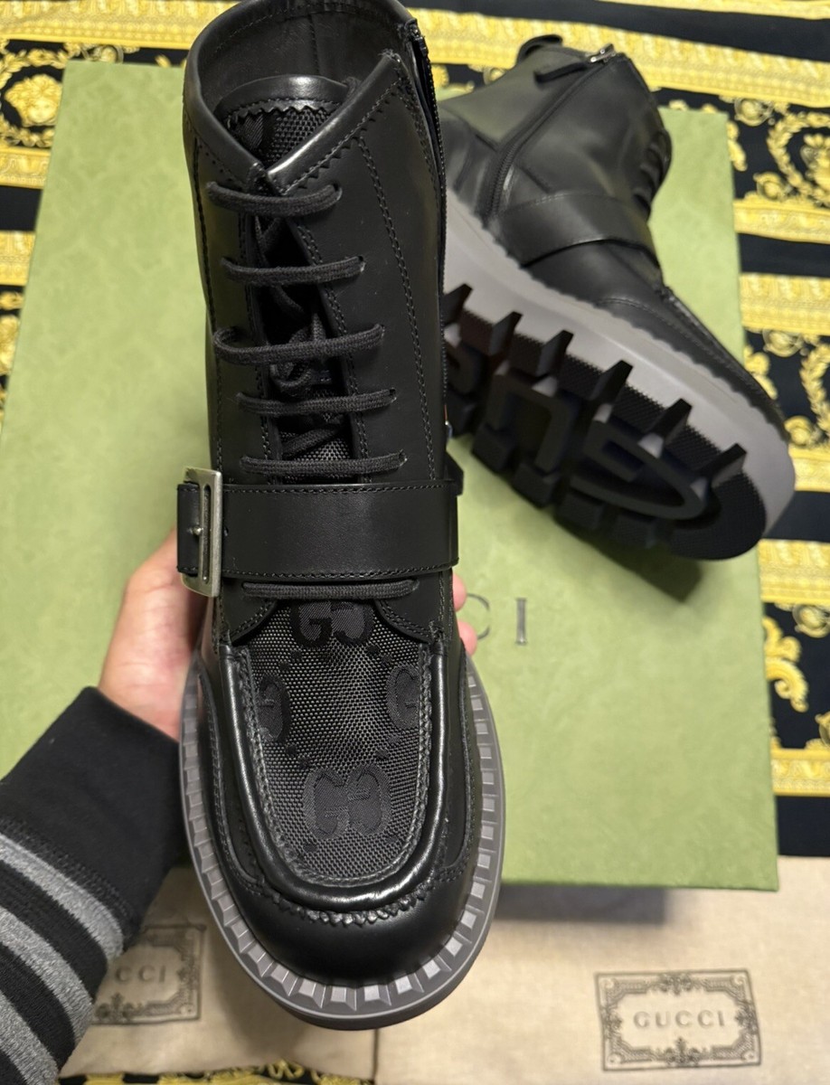 NEW GUCCI BOOTS GG LOGO CANVAS BLACK LEATHER LACE UP ANKLE  display picture 2