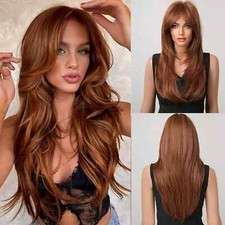 Long Ginger Brown Layered Synthetic Wigs With Bangs Straight Wig Daily Hair Wigs