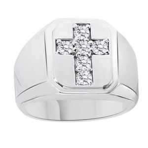 Authentic 8/9 CT ROUND Cut Simulated Diamond 14K WHITE GOLD Plated MEN'S CROSS SYMBOL RING