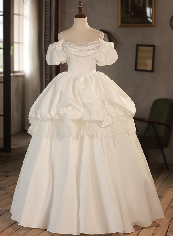 vintage puff sleeve wedding dress Victorian Style Sleeves Gown Retro Fairy Dresses Length Vintage Satin Lace Puff Sleeve