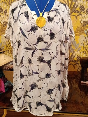 Alba Moda Tunica Bluse durchsichtig dünn XL 48 kurzarm Viskose Urlaub Blumen 69 
