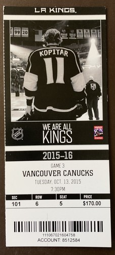 Los Angeles Kings 10 13 15 Nhl Ticket Stub Vs Vancouver Canucks Ebay Los Angeles Kings 10 13 15 Nhl Ticket Stub Vs Vancouver Canucks Ebay