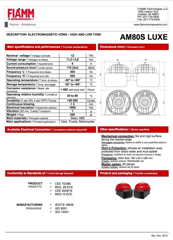 1 Kit Completo de Bocinas Eléctricas Gemelas El Grande FIAMM Rojo con Parrillas Cromadas 128 dB Foto 2 de 2