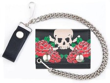SKULL AND CROSS BONES ROSES TRIFOLD BIKER WALLET W CHAIN mens LEATHER 570 NEW
