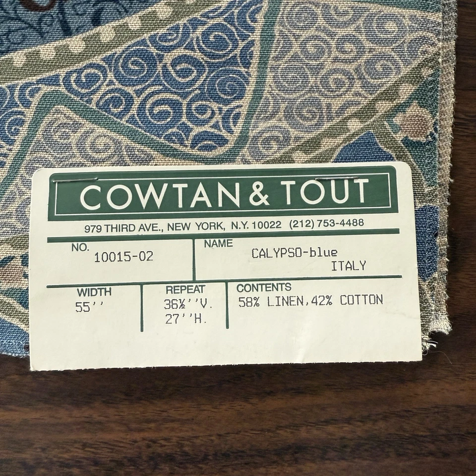 Cowtan & Tout Botanical Vintage Rare Fabric 18” x 28” Sample Linen Calypso Blue - Image 3 of 3