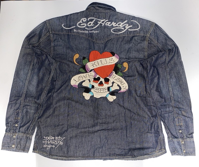 Ed Hardy Love Kills Slowly Mens Embroidered Denim Shirt XXL Christian Audigier