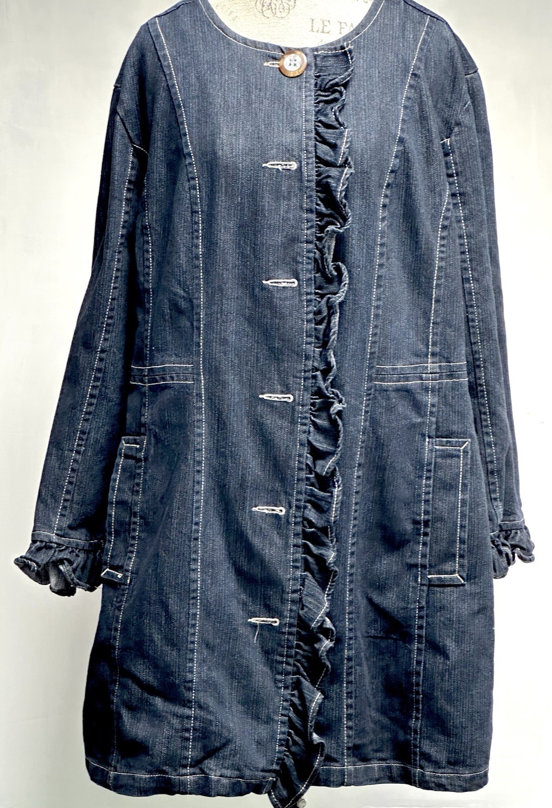 Vintage 2X Denim Western Duster Jacket with Ruffled Pockets Rockabilly Rodeo Style AMX