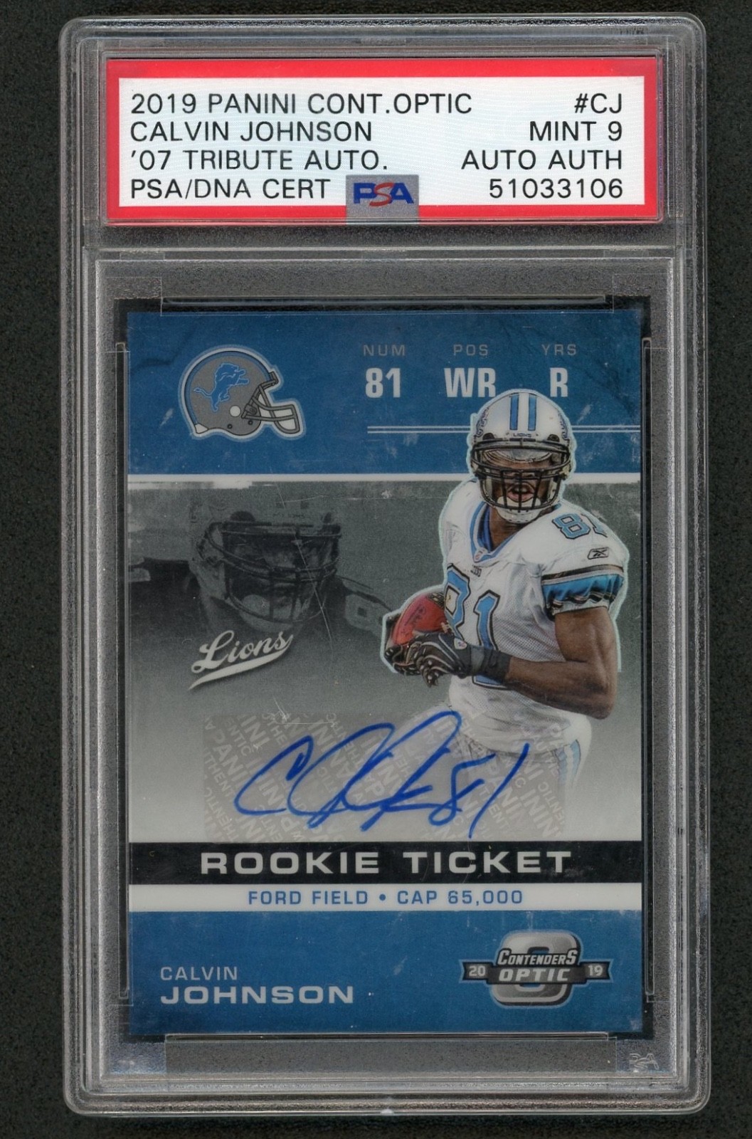 2019 Contenders Optic Calvin Johnson 2007 Tribute Auto /25 #TRI-CJ PSA 9 Mint