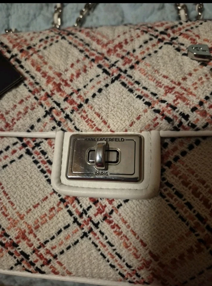 KARL LAGERFELD AGYNESS PINK AND WHITE TWEED SHOULDER BAG WITH PLAID DESIGN - Image 3 of 4