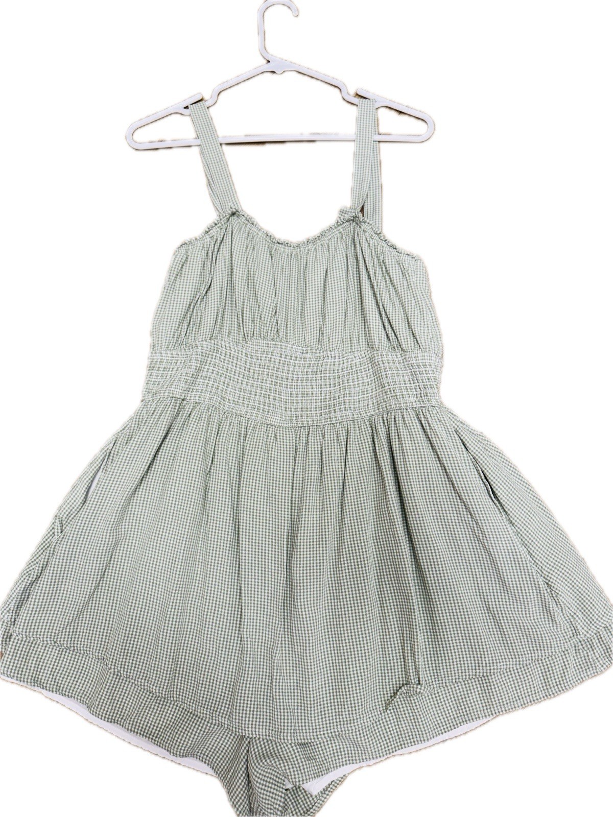 Hollister XL Sage Gingham Short Dress Skort Smocked Baby Doll Romper w Pockets