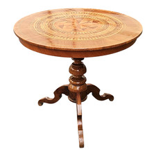 antico TAVOLO TAVOLINO rotondo Rolo intarsiato Legno di Noce e Acero XIX secolo