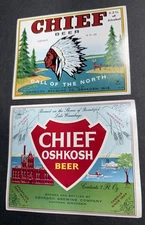 2 diff Chief Oshkosh Wisconsin Beer Labels Original Vintage C 1960’s Mint Indian