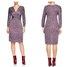 Tory Burch Dress Women Burgundy Confetti Print 100% Silk Ruched L A009544
