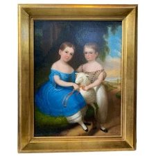 ROBERT STREET Antique Oil Painting, Portrait of the Grundy Children &  Lamb 1844