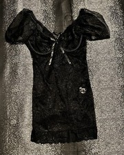 Womens small black lace see through puff sleeve mini slip dress/negligée