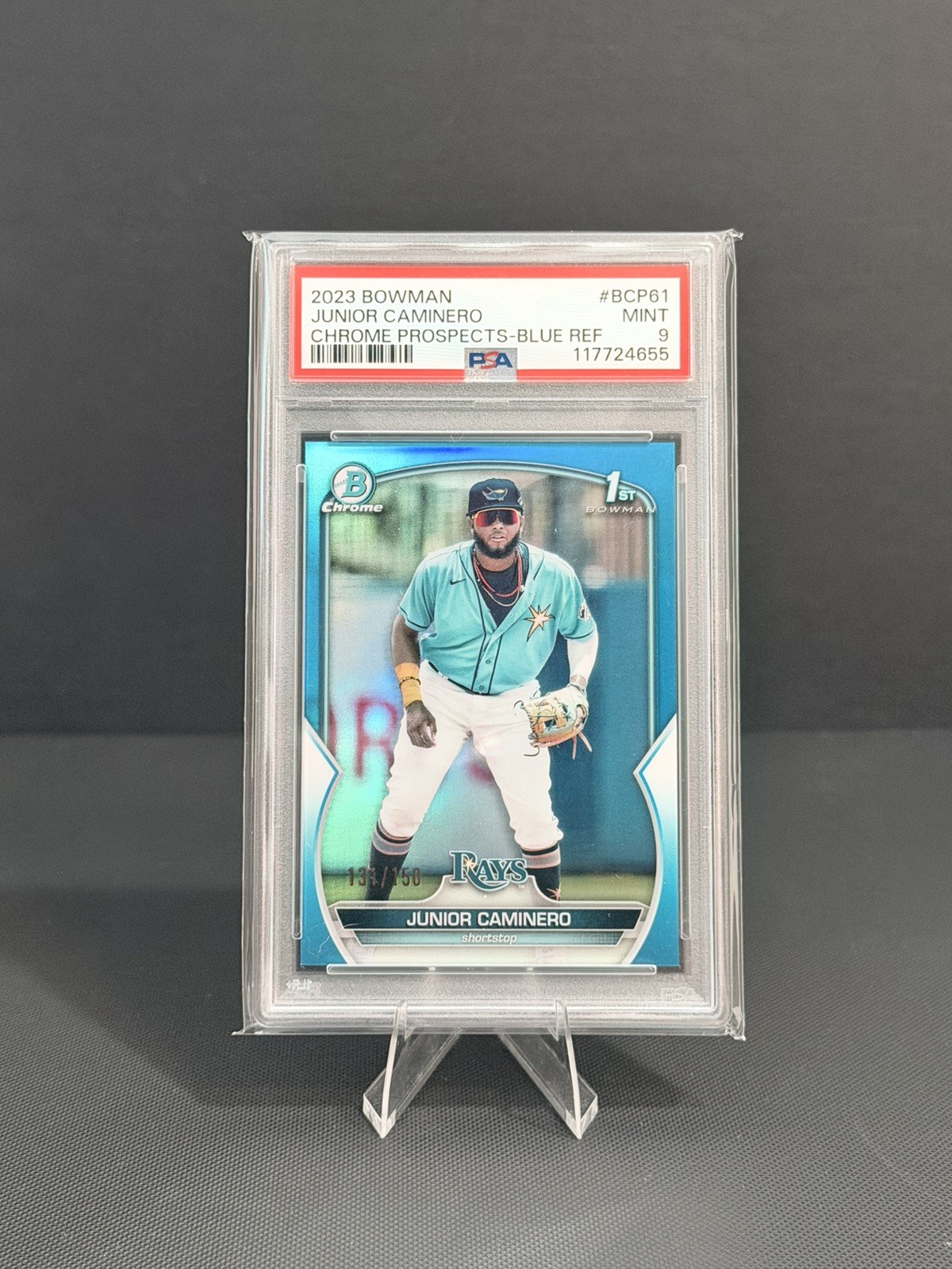 Junior Caminero 2023 1st Bowman Chrome #BCP-61 TRUE BLUE REFRACTOR /150 PSA 9