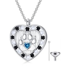 Memorial Pet Necklace for Ashes, Silver Paw Print Urn Necklaces with Birthsto...