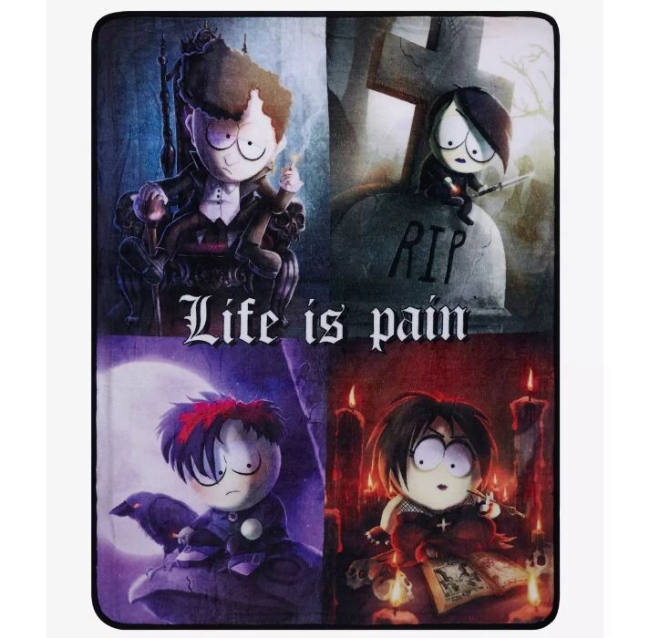 South Park Throw Blanket Plush 48x60 Life is Pain Goth Kids Emo