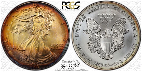 1993 PCGS MS68 Yellow Orange Blue Purple Toned Silver Eagle $1 US Coin