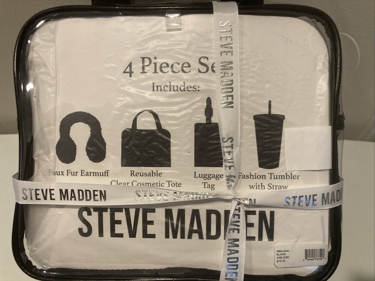 Steve Madden Clear Black Cosmetic Tote Bag Pc Gift Set Earmuff Tumbler Tag
