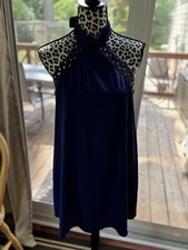 Lulus Halter Top Dress Navy Sleeveless Tie Mock Neck Zip Crochet Lace M Women's