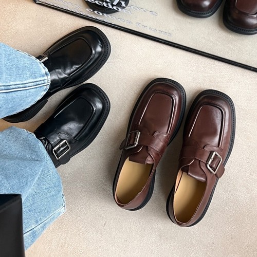 2025 New Cowhide Square Toe Leather Buckle Womens Shoes Loafers Slip On Shoes