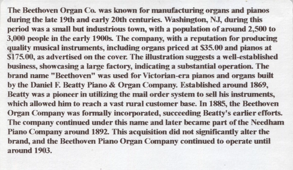 Washington NJ  Advertising Cover Beethoven Organ Co. Pianos & Organs 1902 - Image 3 of 3