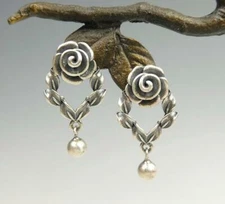 Handmade Sterling Silver Rose Leaf Vine Dangling Beads Post Earrings Chic Unique