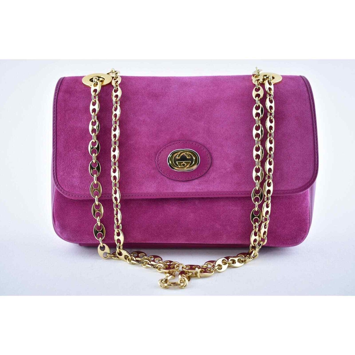Gucci Marina Small Fuchsia Pink Suede Gold Logo Chain Shoulder