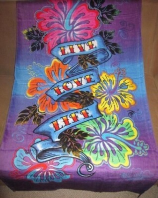 New Live Love Life Purple Blue Flower Bath Beach Pool Gift Happy Towel Hibiscus