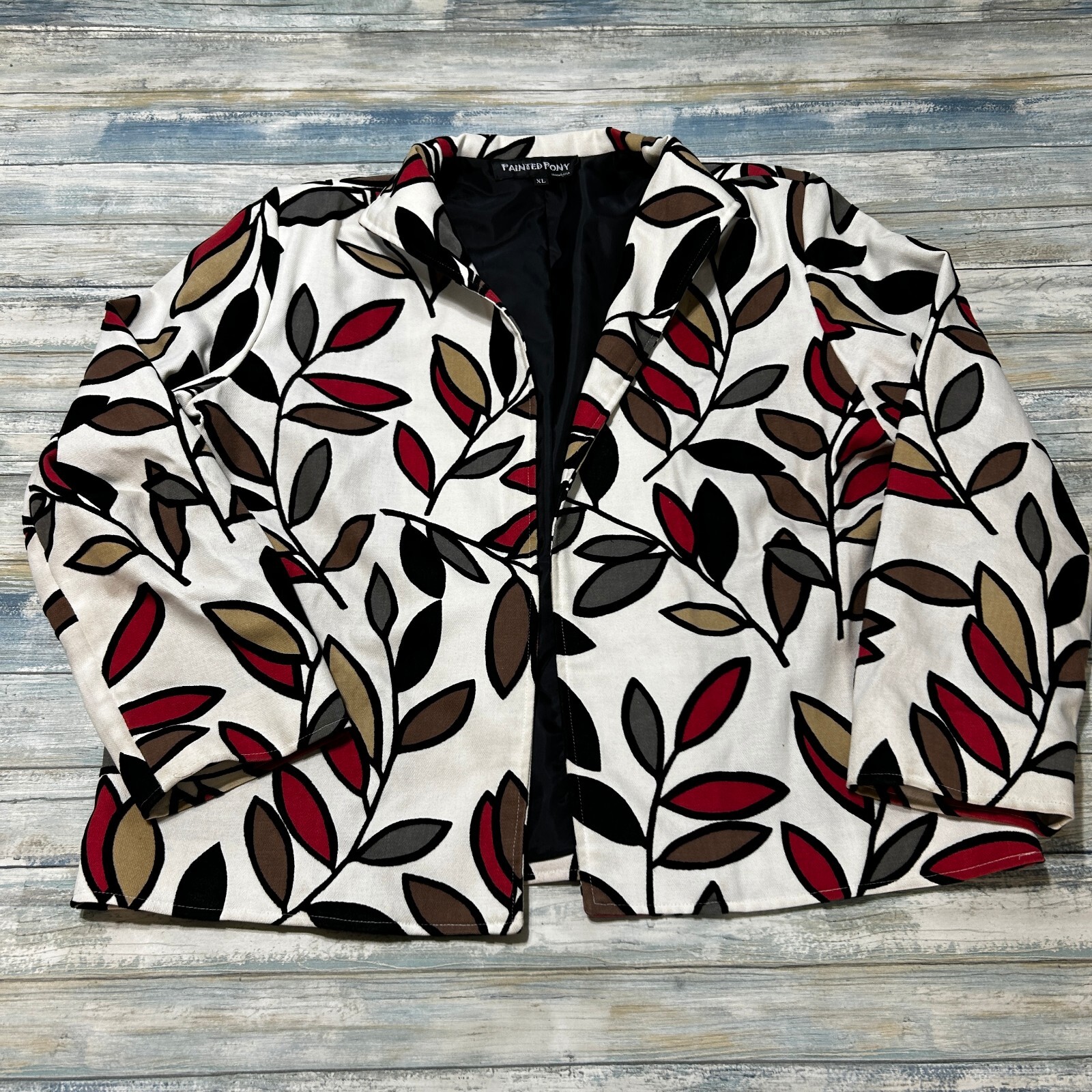 Blazer pony dipinto extra large foglie floreali giacca aperta donna USA carriera
