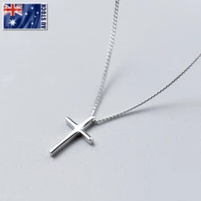 Genuine 925 Sterling Silver Plain Jesus Cross Crucifix Pendant Necklace Women's