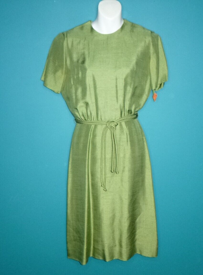Vtg 50s 60s Mancini California Green Silk Dupioni Sheath Dress W/ Belt Sz S/M Vtg 50s 60s Mancini California Green Silk Dupioni Sheath Dress W/ Belt Sz S/M