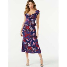 Sofia Vergara Women's Blue & Red Floral Ruffle Sweetheart Midi Dress MANY SIZES