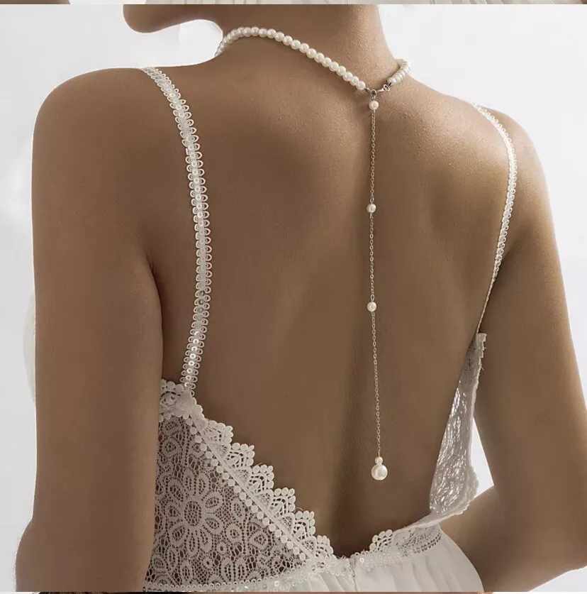 Women Faux Pearl Rhinestone Wedding Dress Backdrop Back Body Chain NECKLACE  | eBay