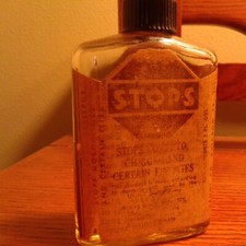 STOP BRAND VINTAGE MOSQUITO & CHIGGERS & BLACK FLIES 2 OZ. 1/2 FULL PAPER LABEL