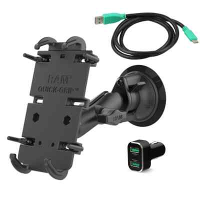 SUPPORTO ventosa RAM-MOUNT RAM-B-166-PD4-2QCCIGU per CELLULARI + caricatore AUTO