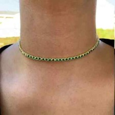 10Ct Bezel Set Round Green Emerald Tennis Choker Necklace 14K Yellow Gold Plated